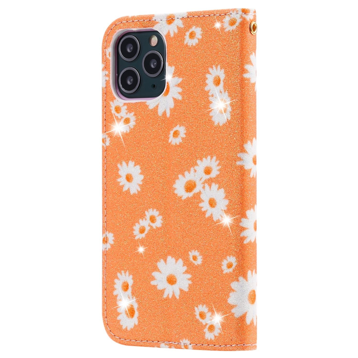 Orangene Handyhülle mit Gänseblümchenmuster. Die Handyhülle ist offen und zeigt das Handy.