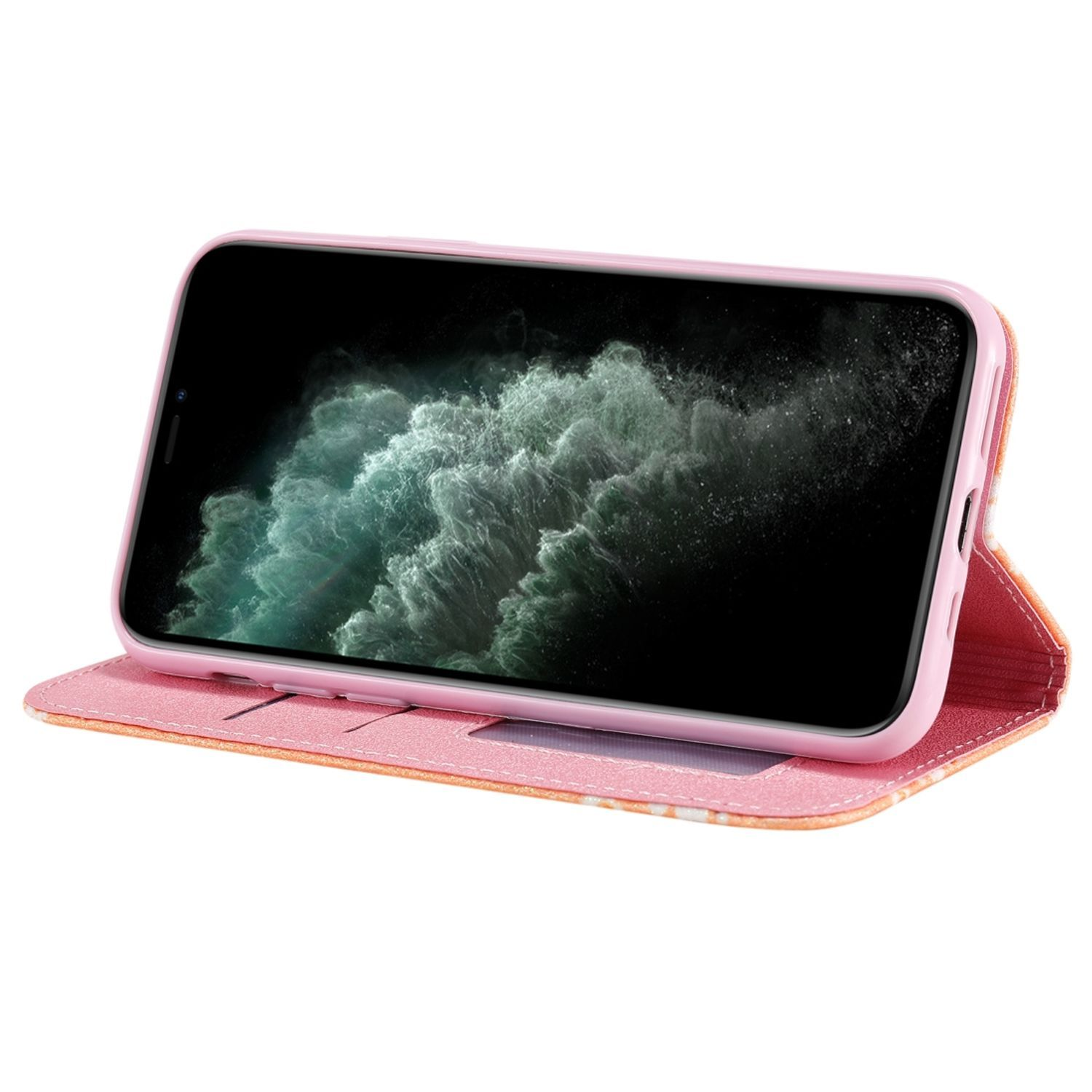 Rosa Handyhülle mit Telefon und floralem Design innen.