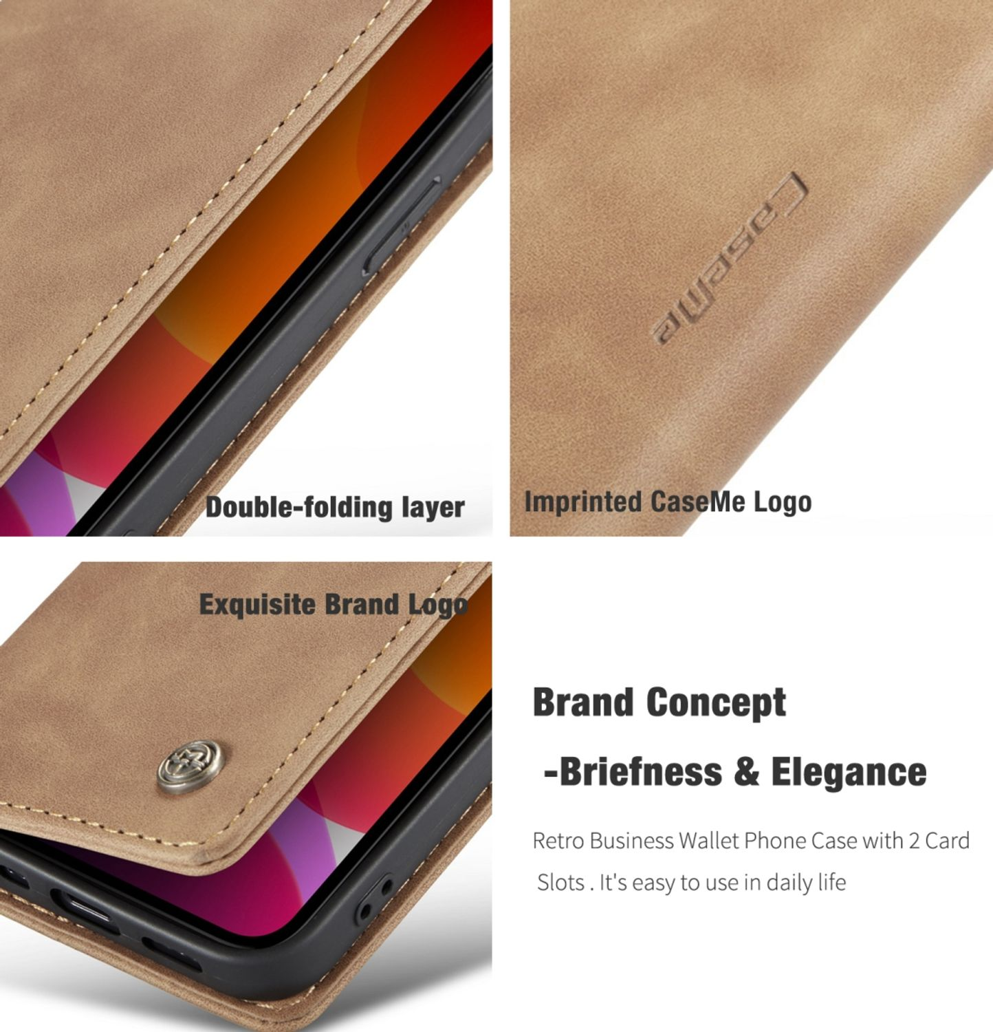 Handyhülle mit Telefon. Die Hülle ist braun mit Branding-Details und einem Knopf.