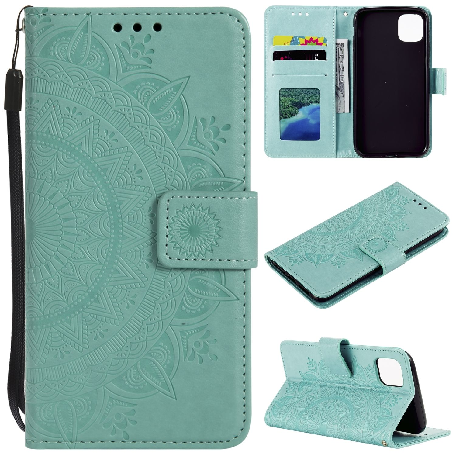 Eine türkisgrüne Handyhülle mit Blumendesign. Sie hat mehrere Paneele und Schlitze für Karten und ein Telefon.