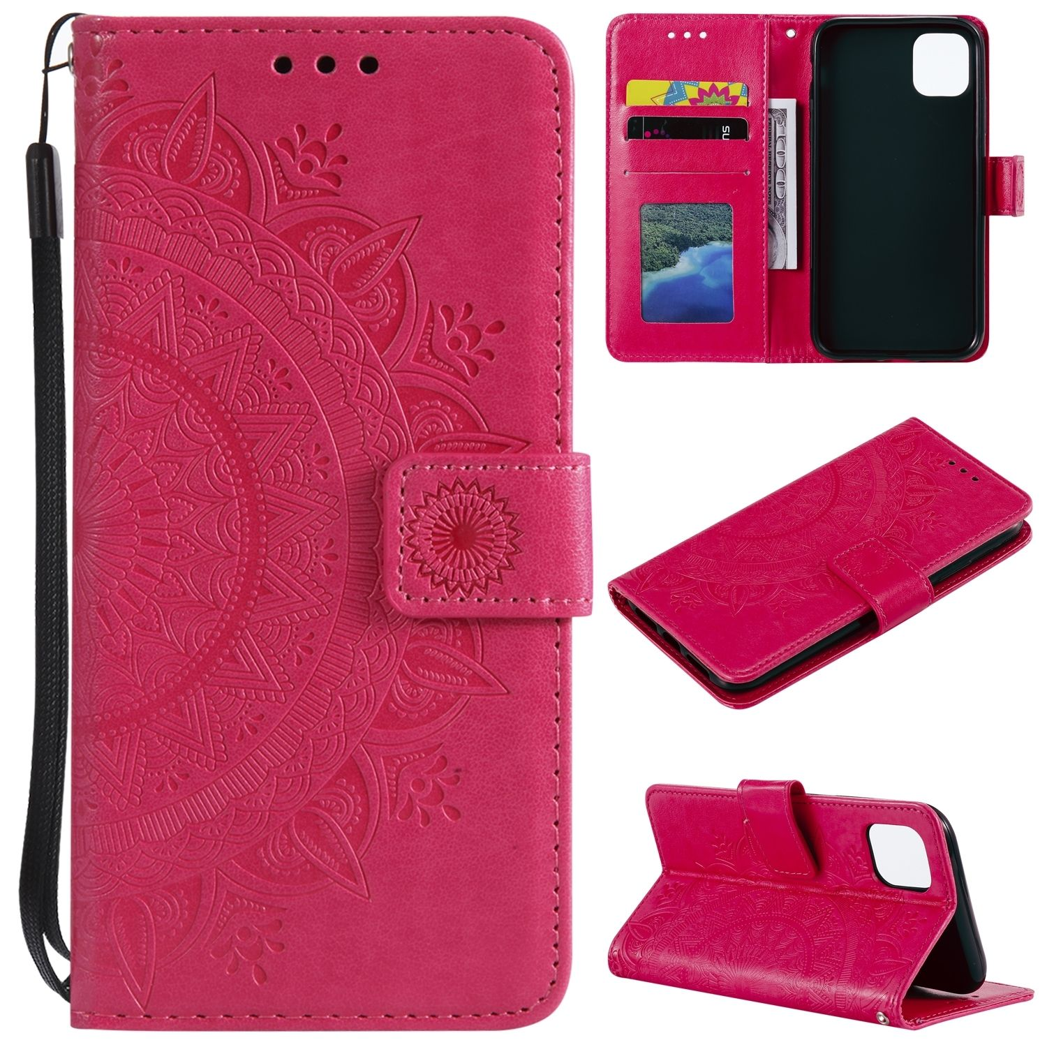 Eine pinkfarbene Handyhülle mit Mandala-Design. Sie hat Kartenfächer und einen Riemen, offen und geschlossen gezeigt.