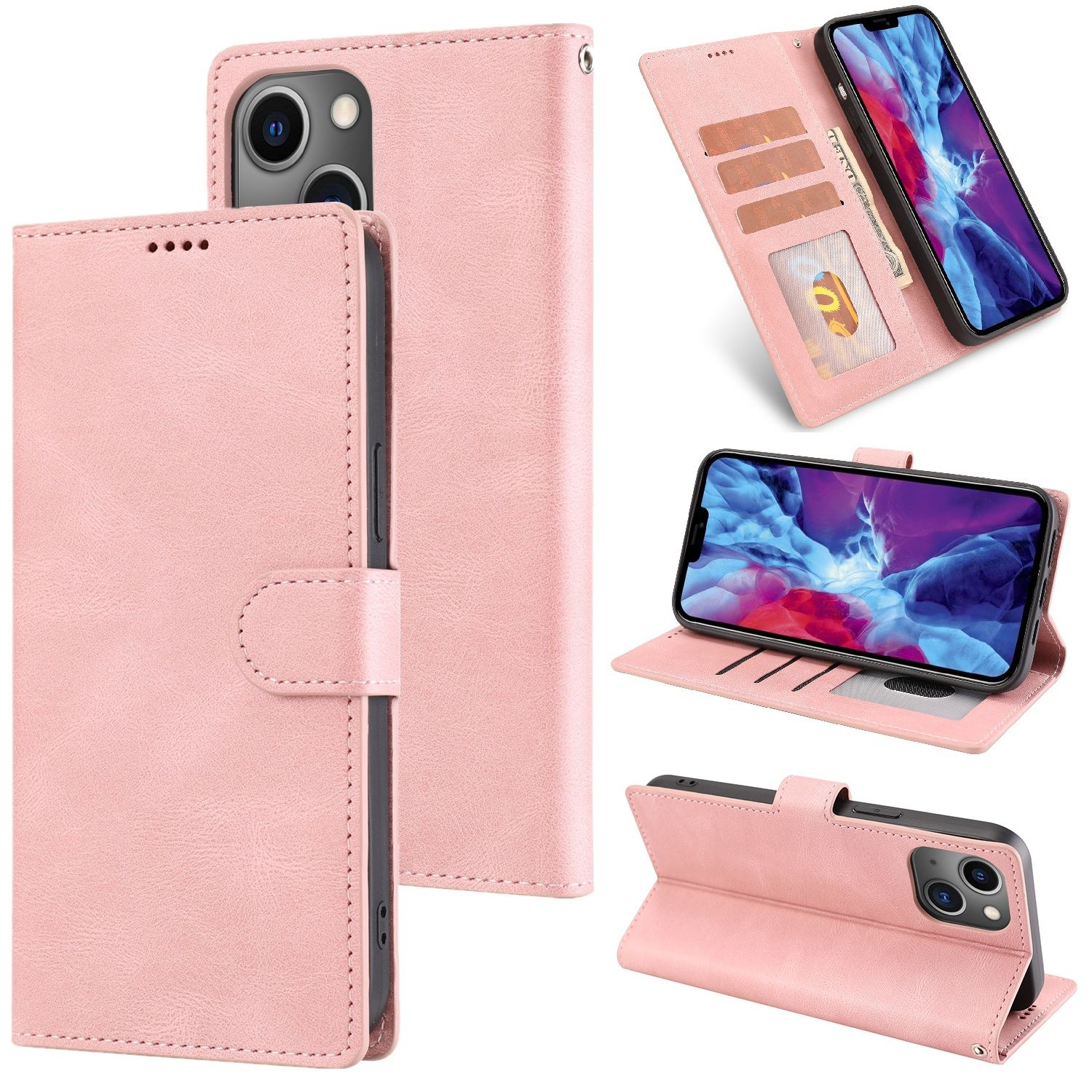 Rosa Handyhülle mit mehreren Ansichten. Zeigt Handy innen, offen und geschlossen.