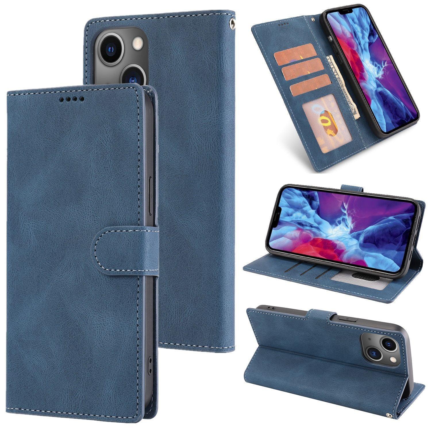 Blaue Leder-Handyhülle, geöffnet und geschlossen, mit Telefon und Karten.