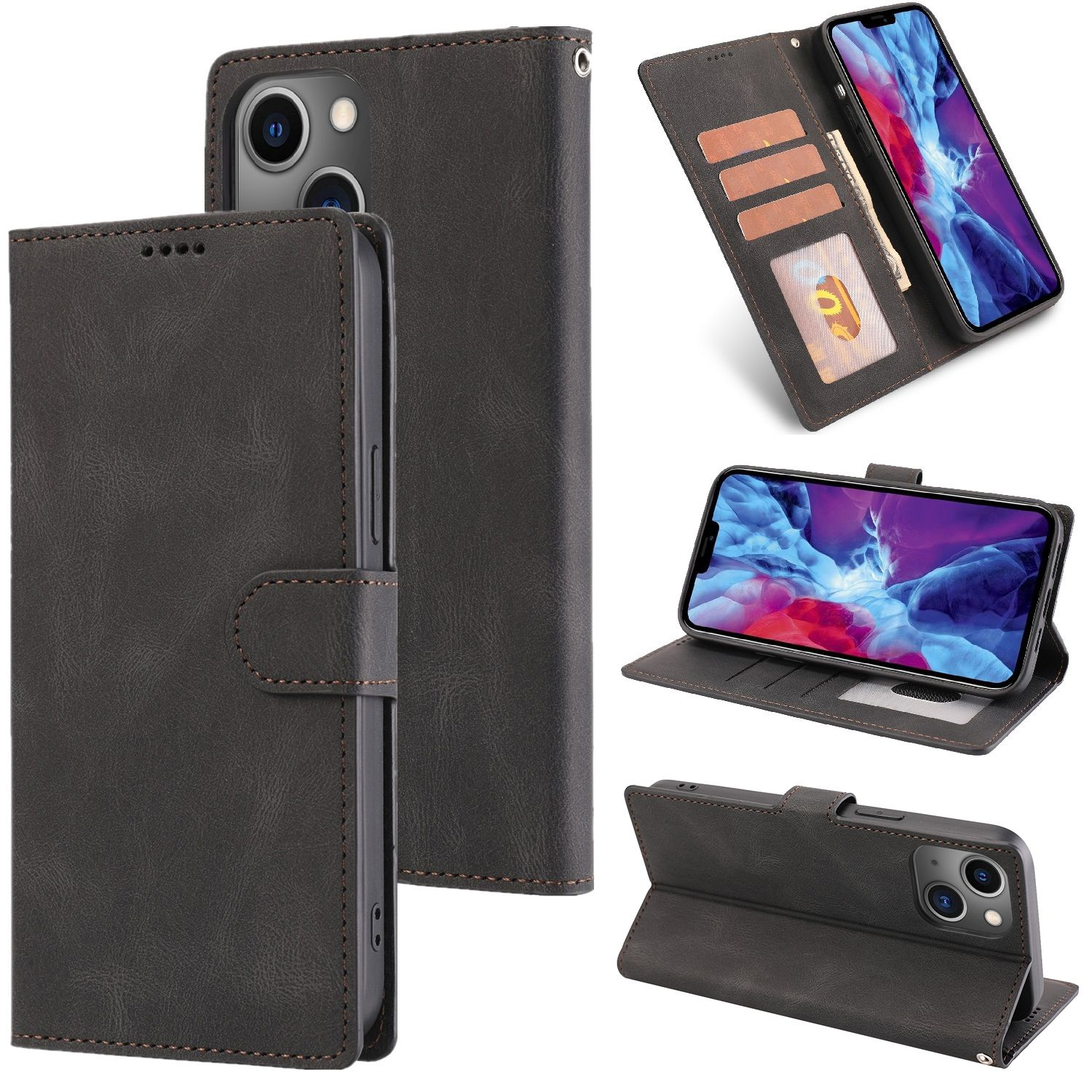 Eine braune Leder-Handyhülle, in mehreren Ansichten, die das Telefon und Kartenfächer zeigt.