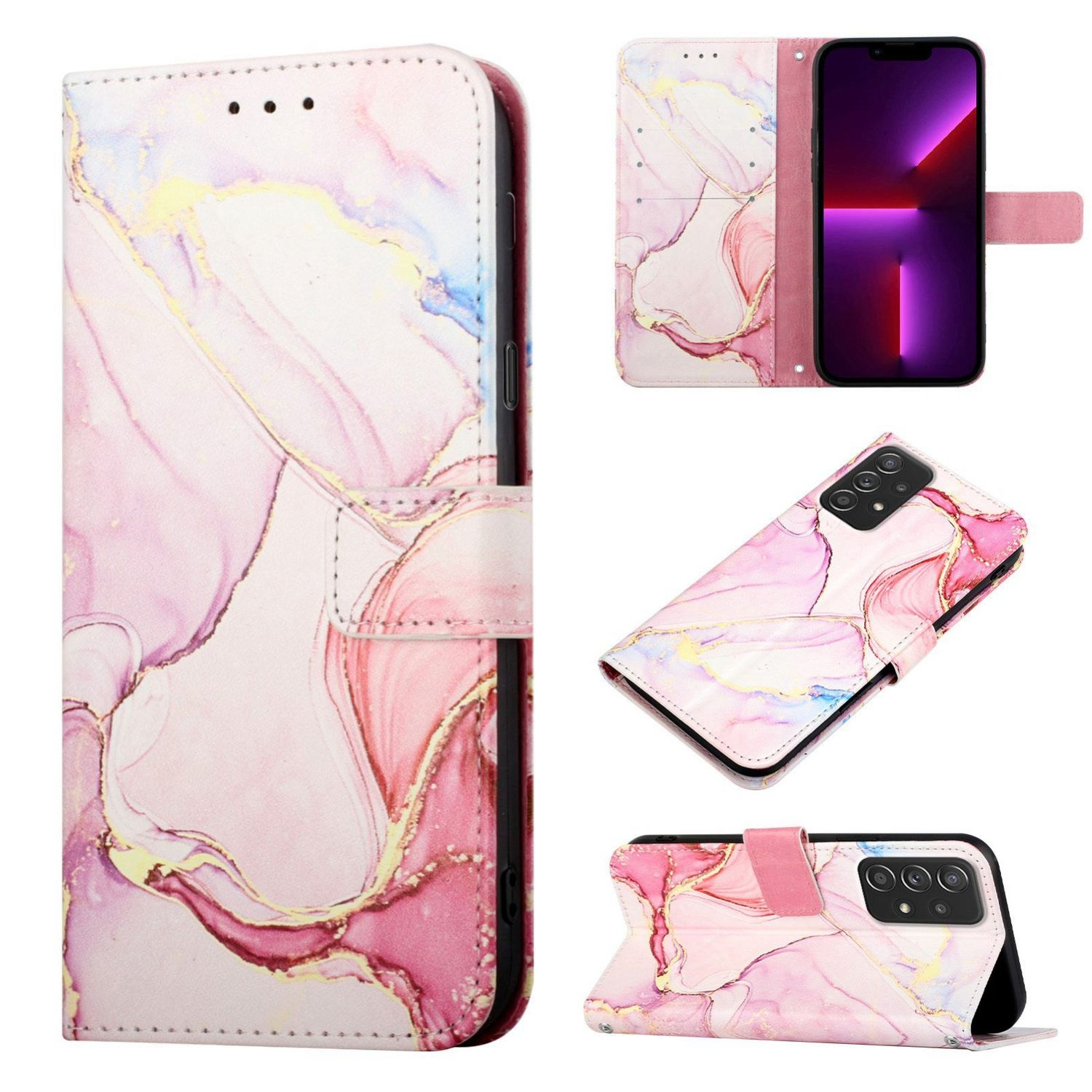Eine pinkfarbene Handyhülle mit Marmormuster, mit mehreren Ansichten, ein Telefon haltend.