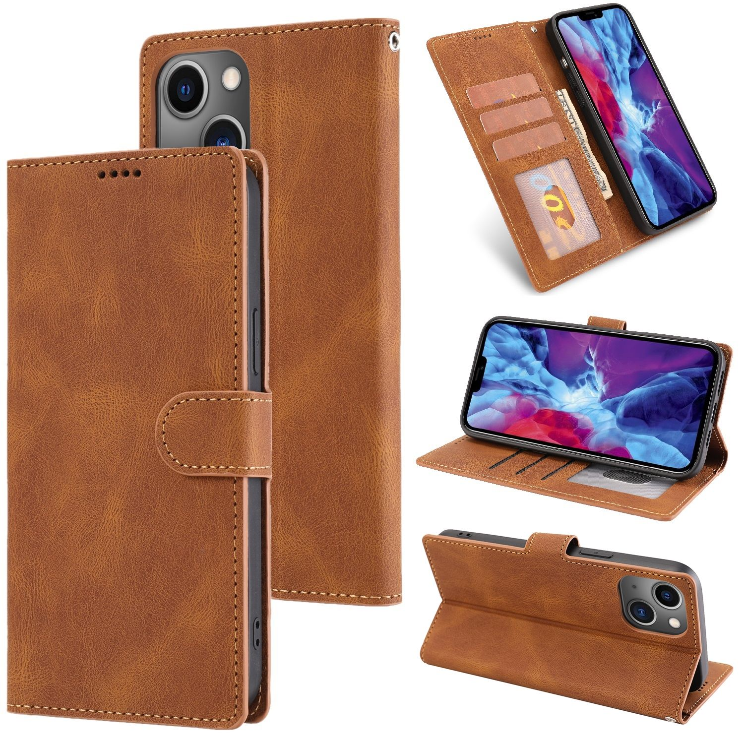Braune Leder-Handyhülle in mehreren Ansichten. Telefon ist innen. Karten und Geld sichtbar.