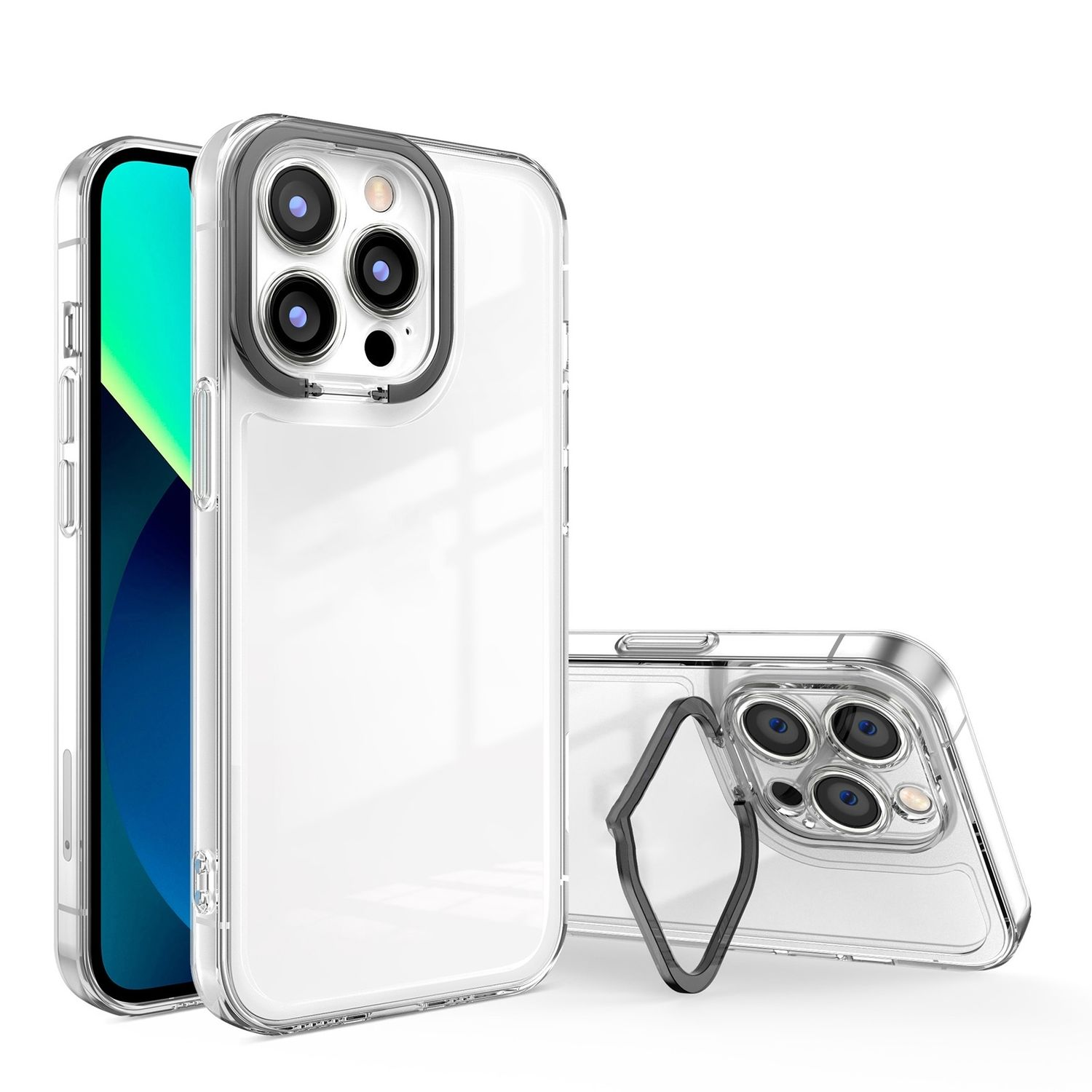 Zwei transparente Handyhüllen mit silbernem Kameraring und einem Telefon.