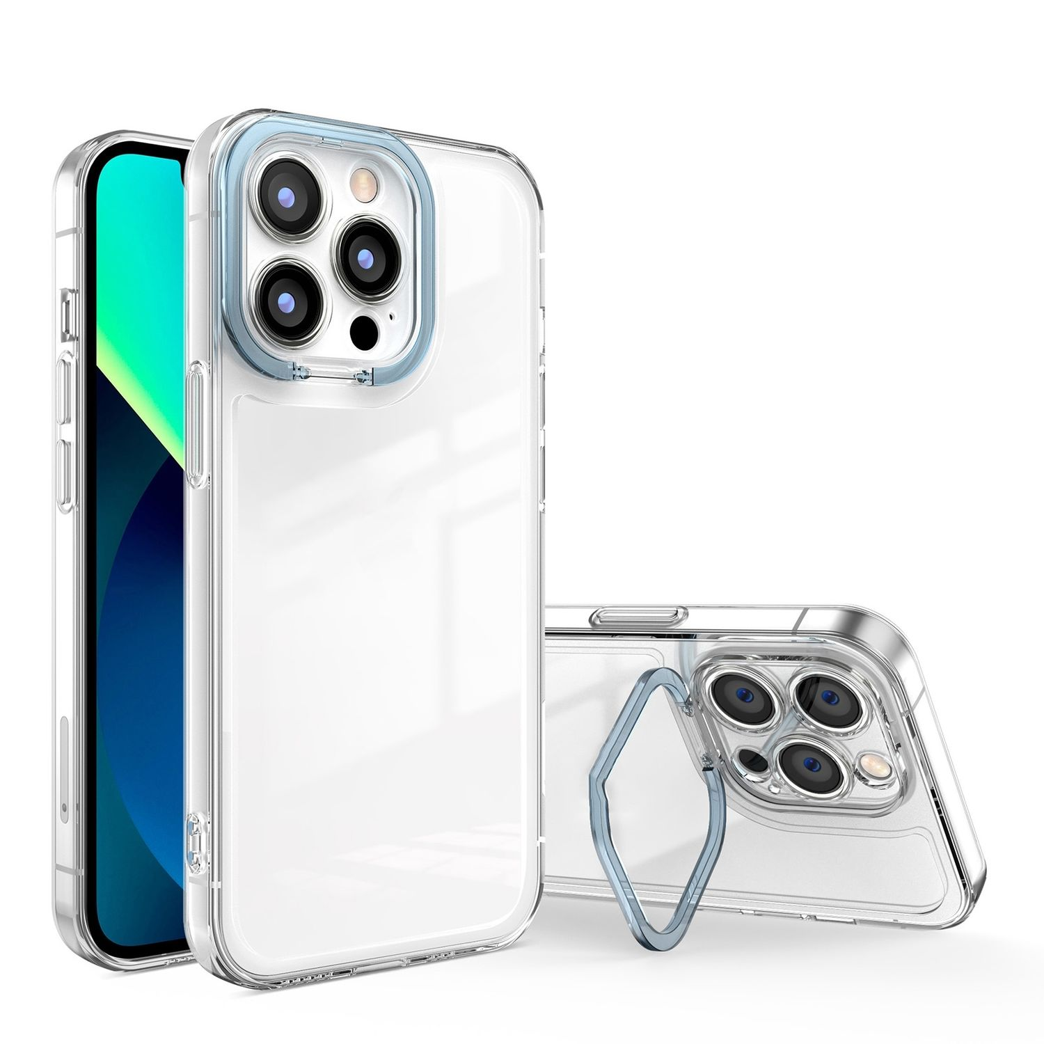 Transparente Handyhülle mit Telefon darin. Das Telefon hat eine Kamera und einen Bildschirm.