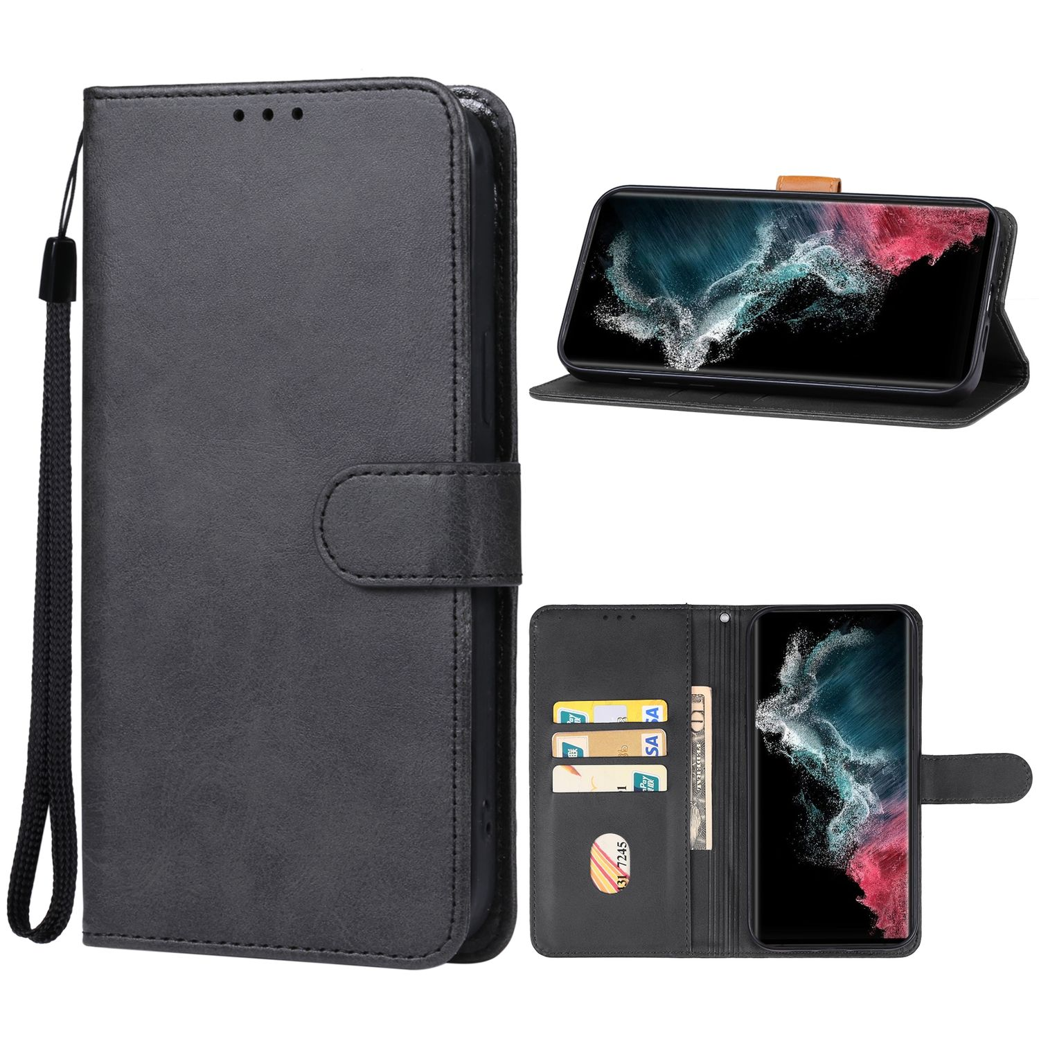 Eine schwarze Handyhülle mit Riemen, die ein Telefon hält. Innen Kartenfächer und eine Tasche.