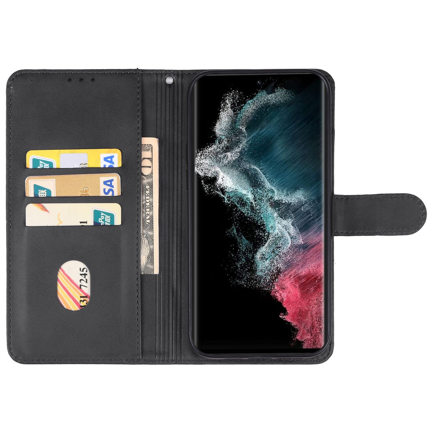 Geöffnete schwarze Handy-Geldbörsen-Hülle mit Karten und Geld. Telefonbildschirm sichtbar. Im Inneren der Geldbörse ist ein Telefon.