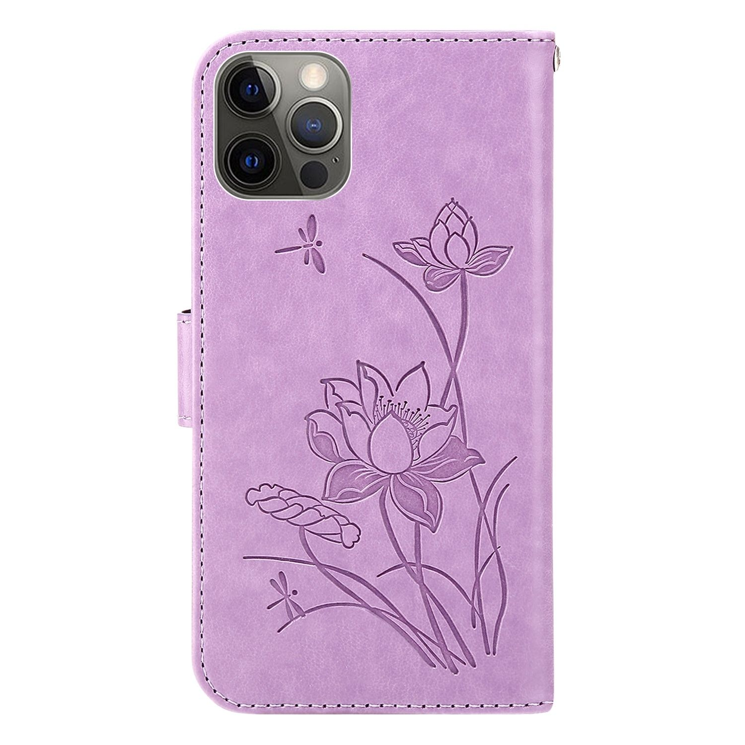 Lila Handyhülle mit Lotusblumen-Design. Die Hülle ist geschlossen.