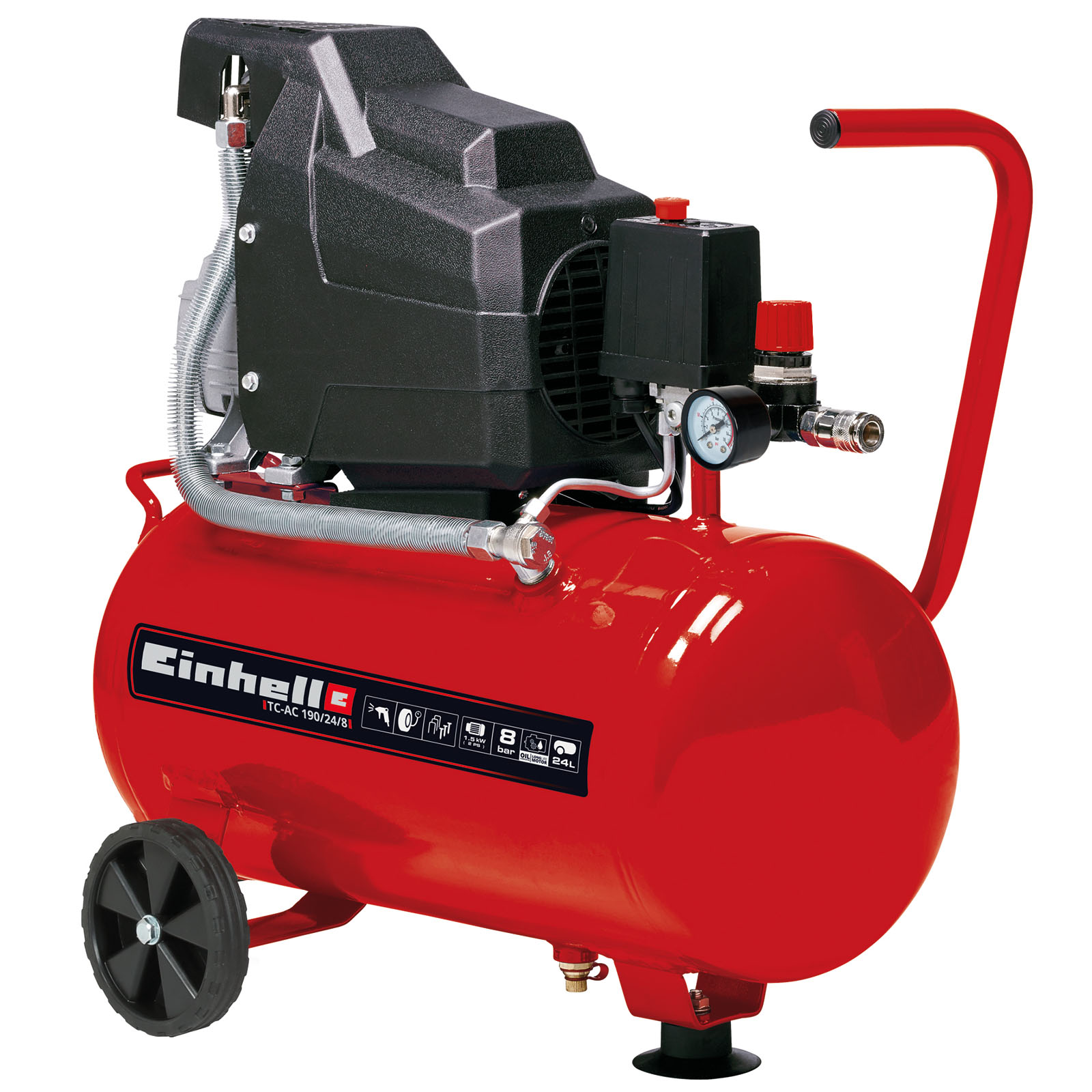 Roter Einhell-Luftkompressor mit schwarzem Oberteil. Er hat Räder und einen Griff für den Transport.