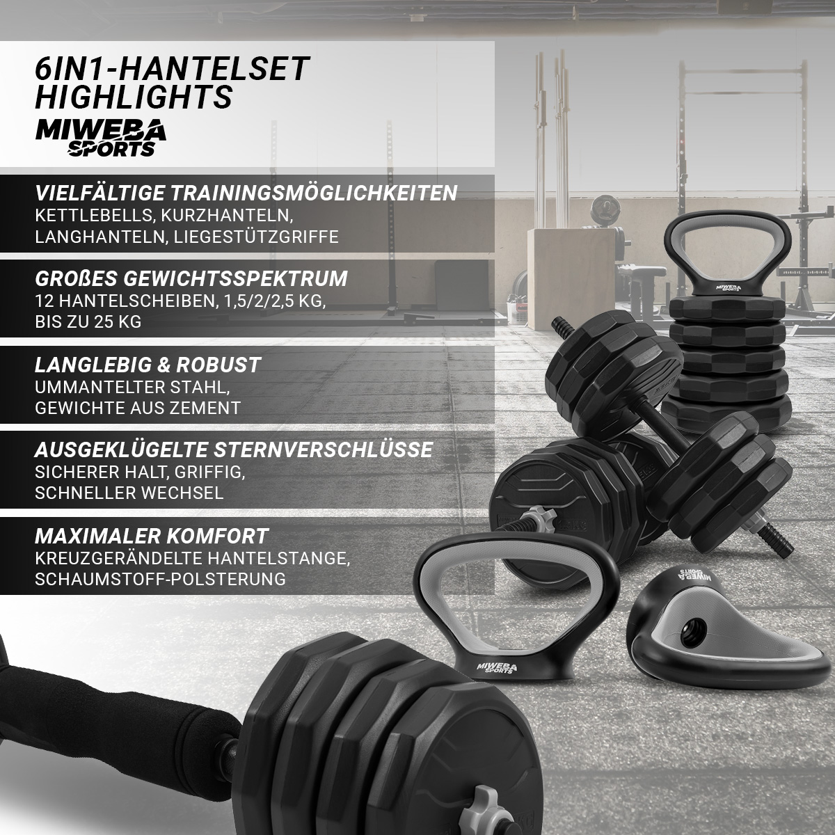 Set, schwarz MIWEBA SPORTS Hanteln 6in1