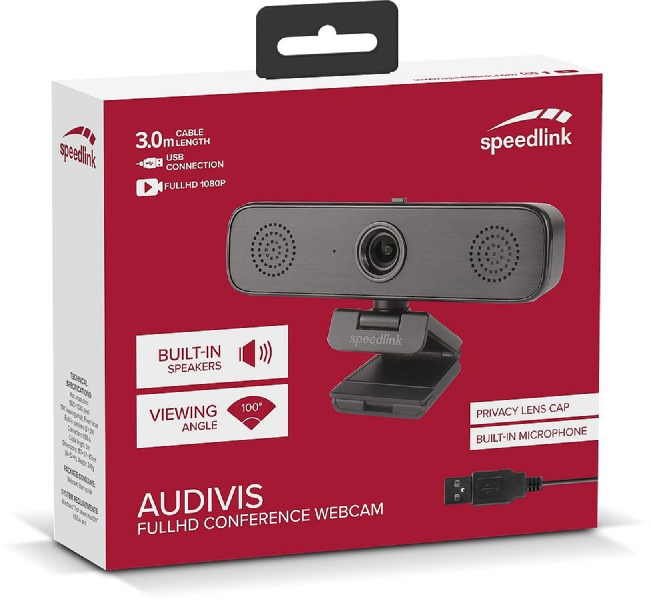 Webcam in Verpackung mit eingebauten Lautsprechern und Mikrofon.