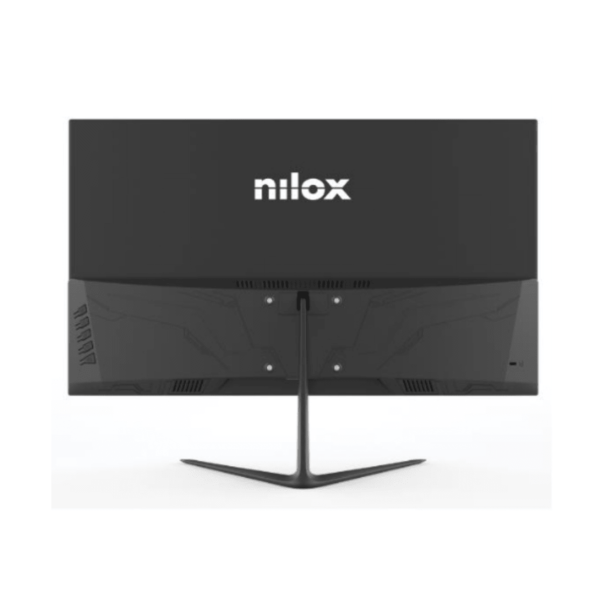 Tył czarnego monitora komputerowego z logo i podstawą.