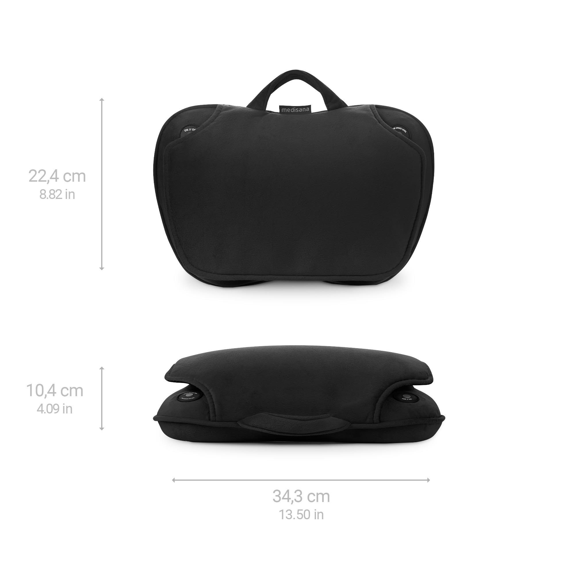 Czarna poduszka do masażu, pokazane wymiary, widok z góry i z boku.