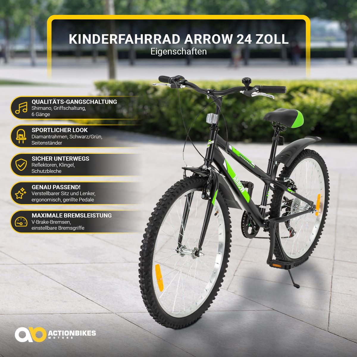 Schwarz-grünes Kinderfahrrad mit hervorgehobenen Merkmalen.