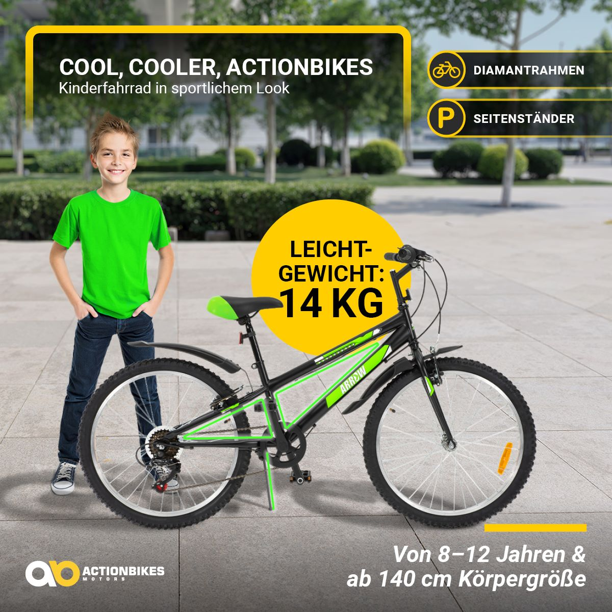 Ein Junge steht neben einem schwarz-grünen Fahrrad, Text über die Eigenschaften des Fahrrads und die Altersspanne.