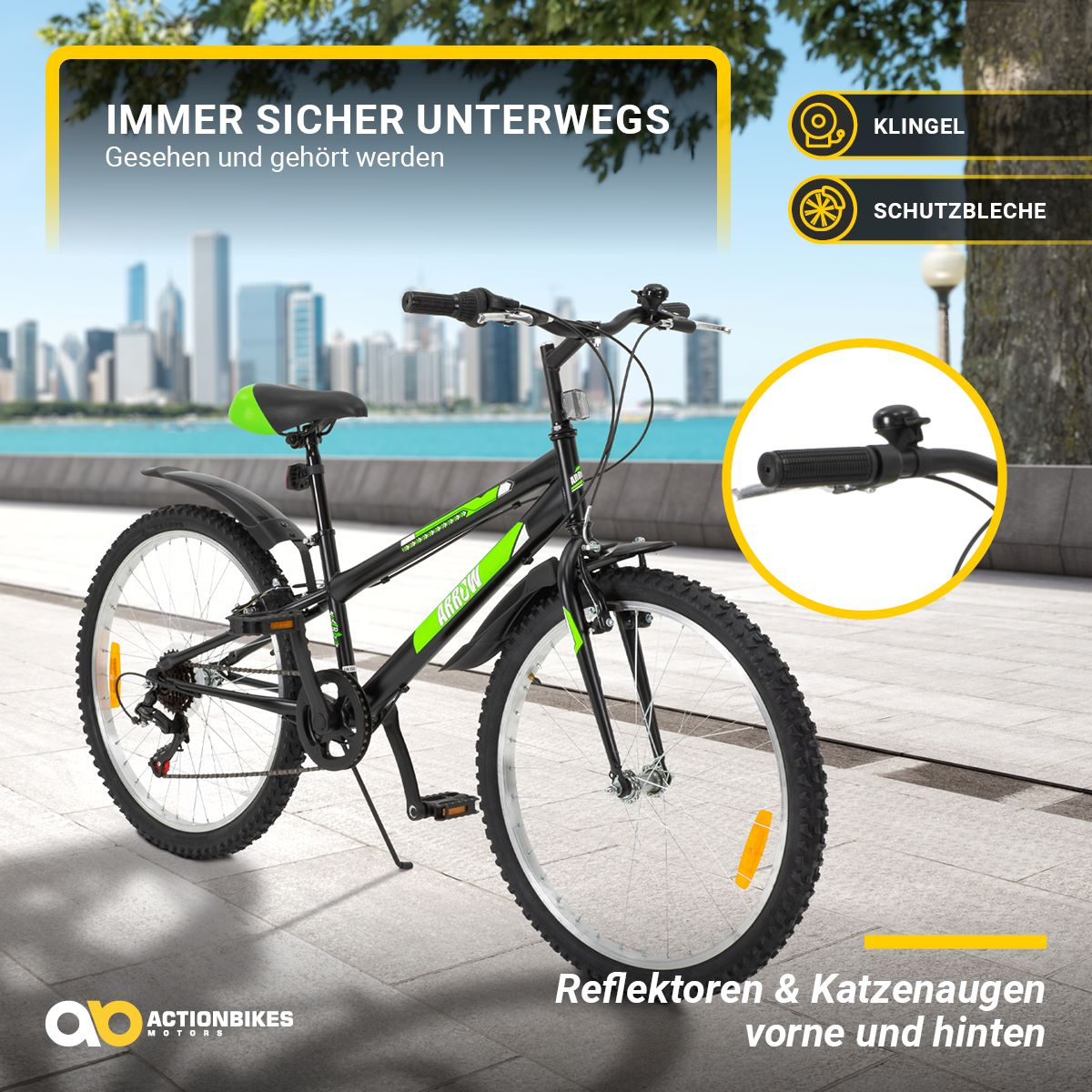 Schwarzes Fahrrad mit grünen Akzenten an einem sonnigen Tag. Text: "Reflektoren & Katzenaugen vorne und hinten".