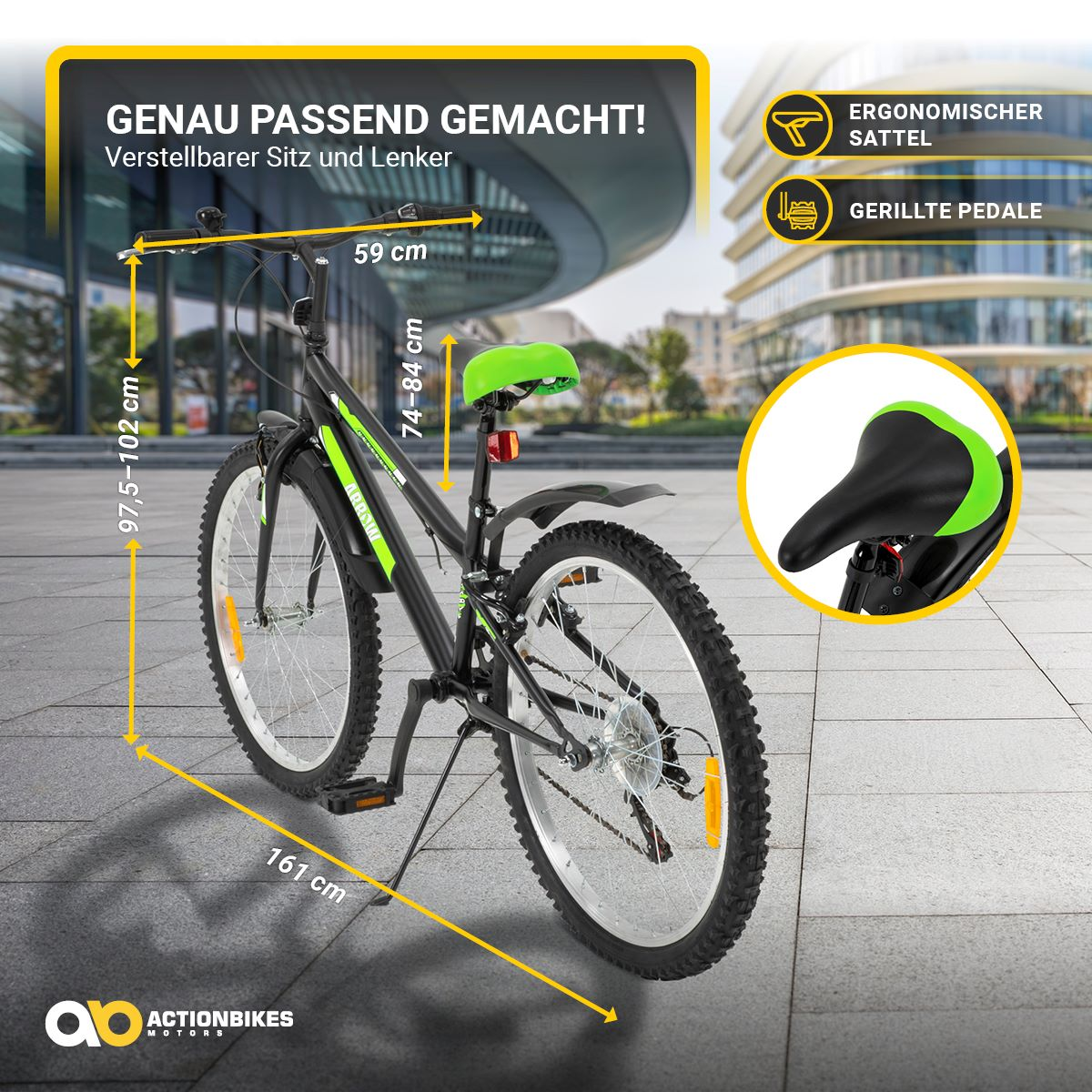 Schwarzes Mountainbike mit grünem Sitz, Abmessungen und Maße werden angezeigt.
