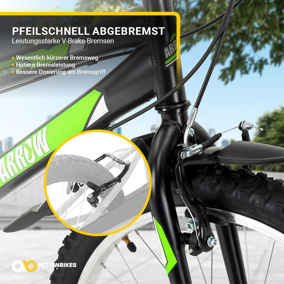 Schwarzes und grünes Mountainbike-Detail. Text über Bremsen, Rad und Fahrrad-Details.