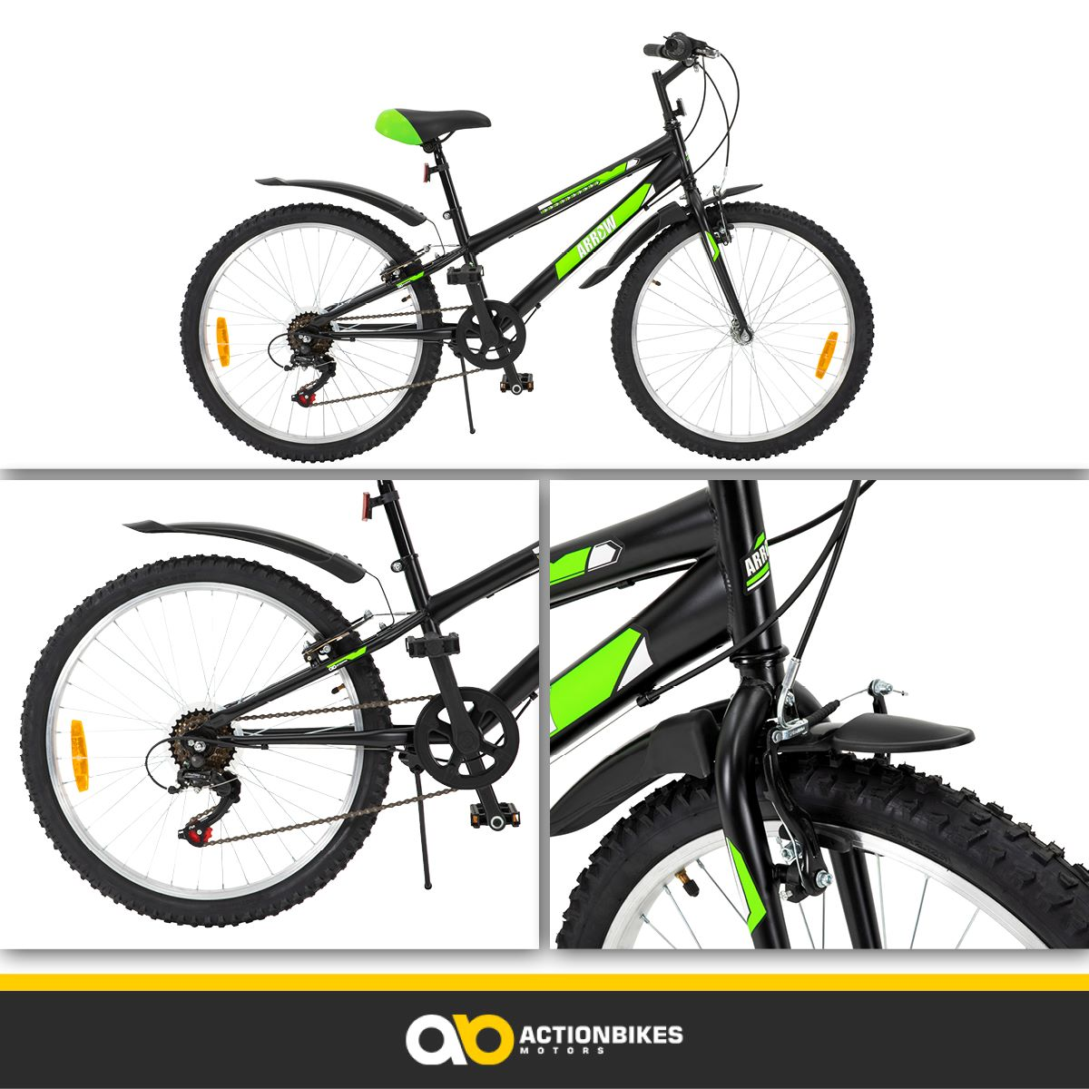 Ein schwarz-grünes Mountainbike mit Nahaufnahmen von Rahmen und Rädern.