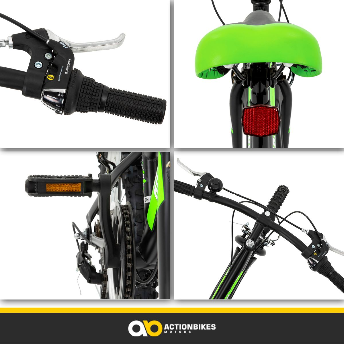 Nahaufnahme von Fahrradteilen für Kinder: Lenker, Sitz, Pedale und Kette. Schwarz-grüne Details.