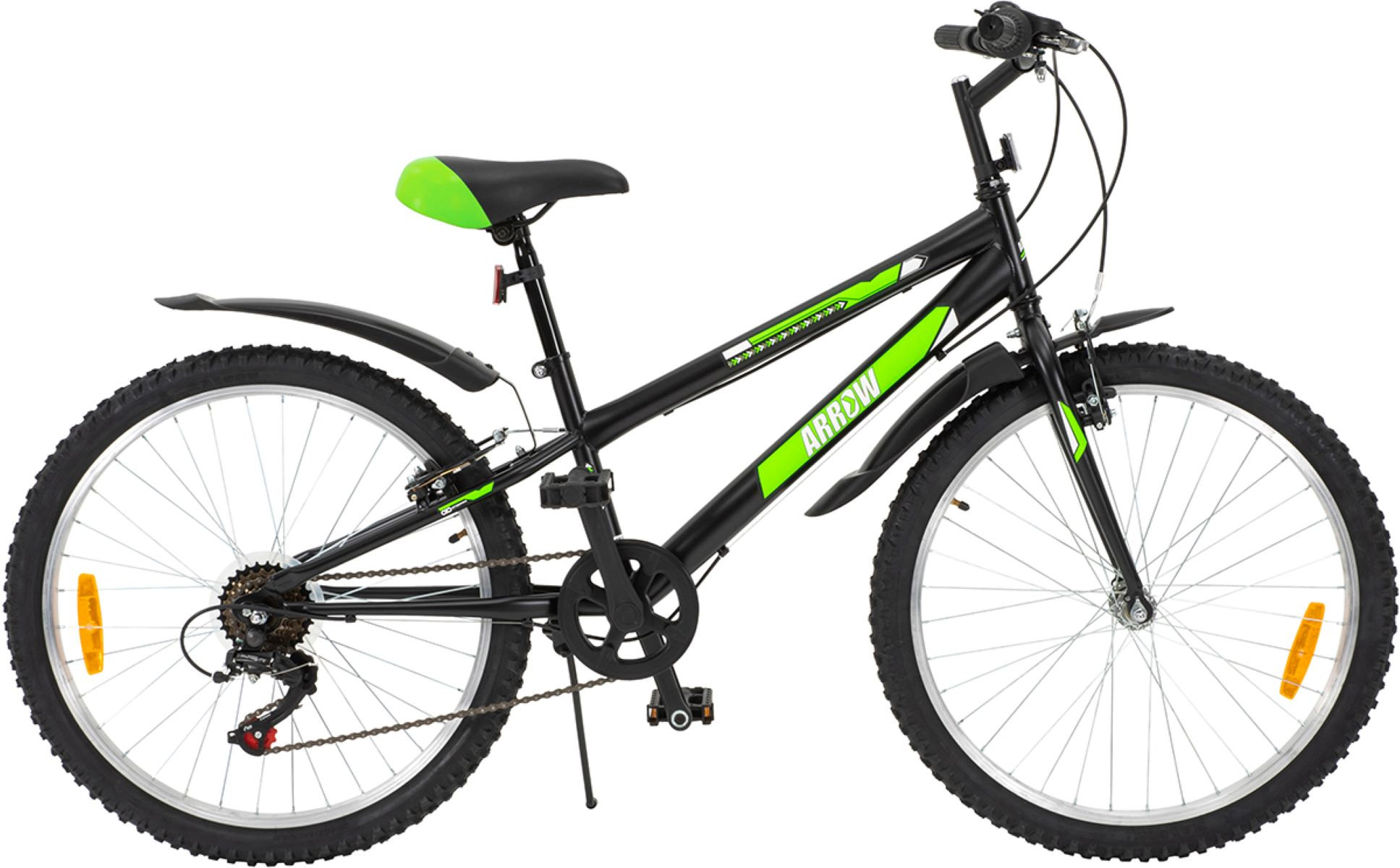 Ein schwarzes und grünes Kinderfahrrad mit dem Arrow-Logo. Es hat einen schwarzen Rahmen und grüne Akzente.