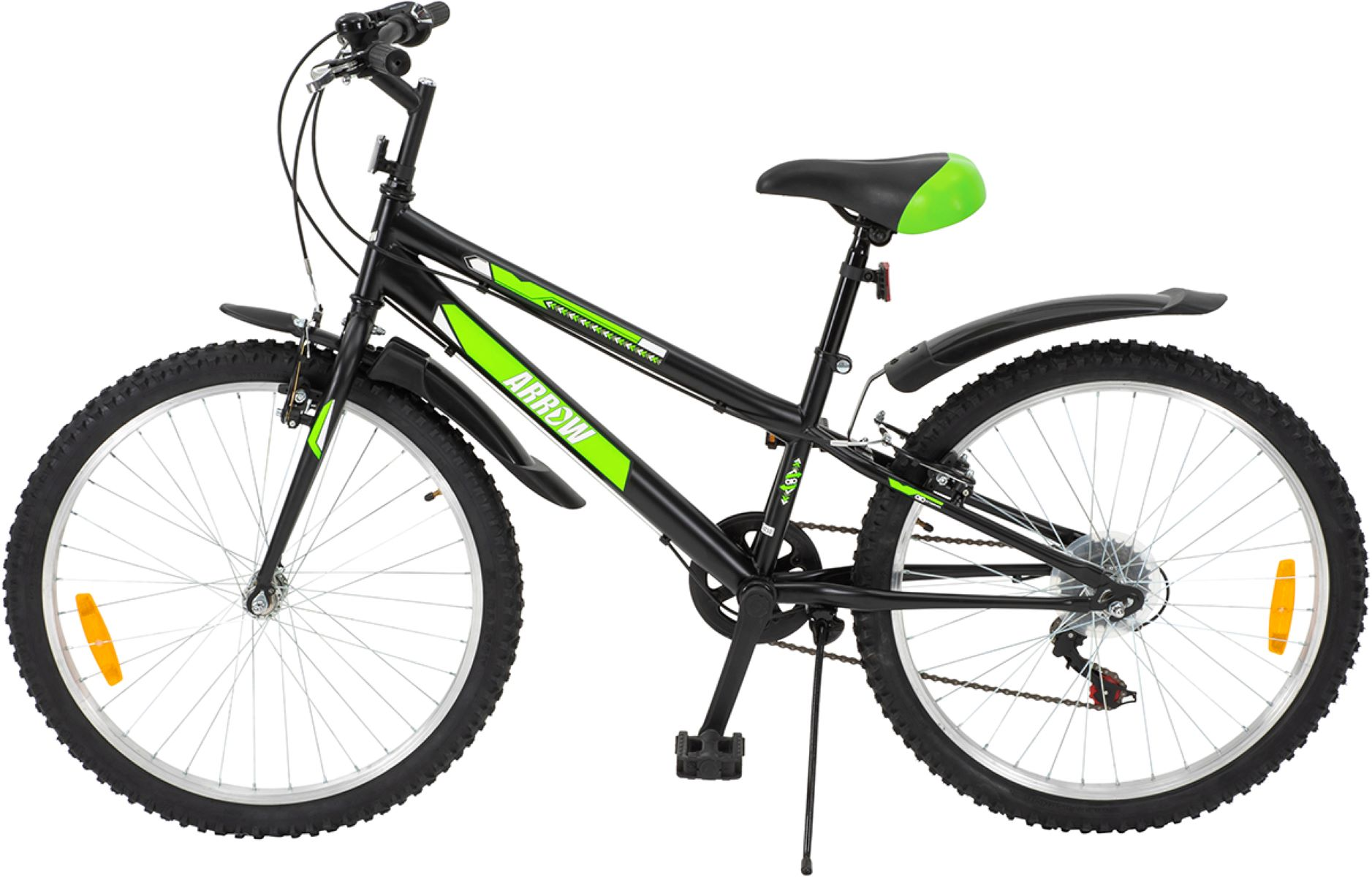 Schwarzes Fahrrad mit grünen Akzenten, schwarzen Kotflügeln und weißen Rädern. Der Sitz ist grün und schwarz.