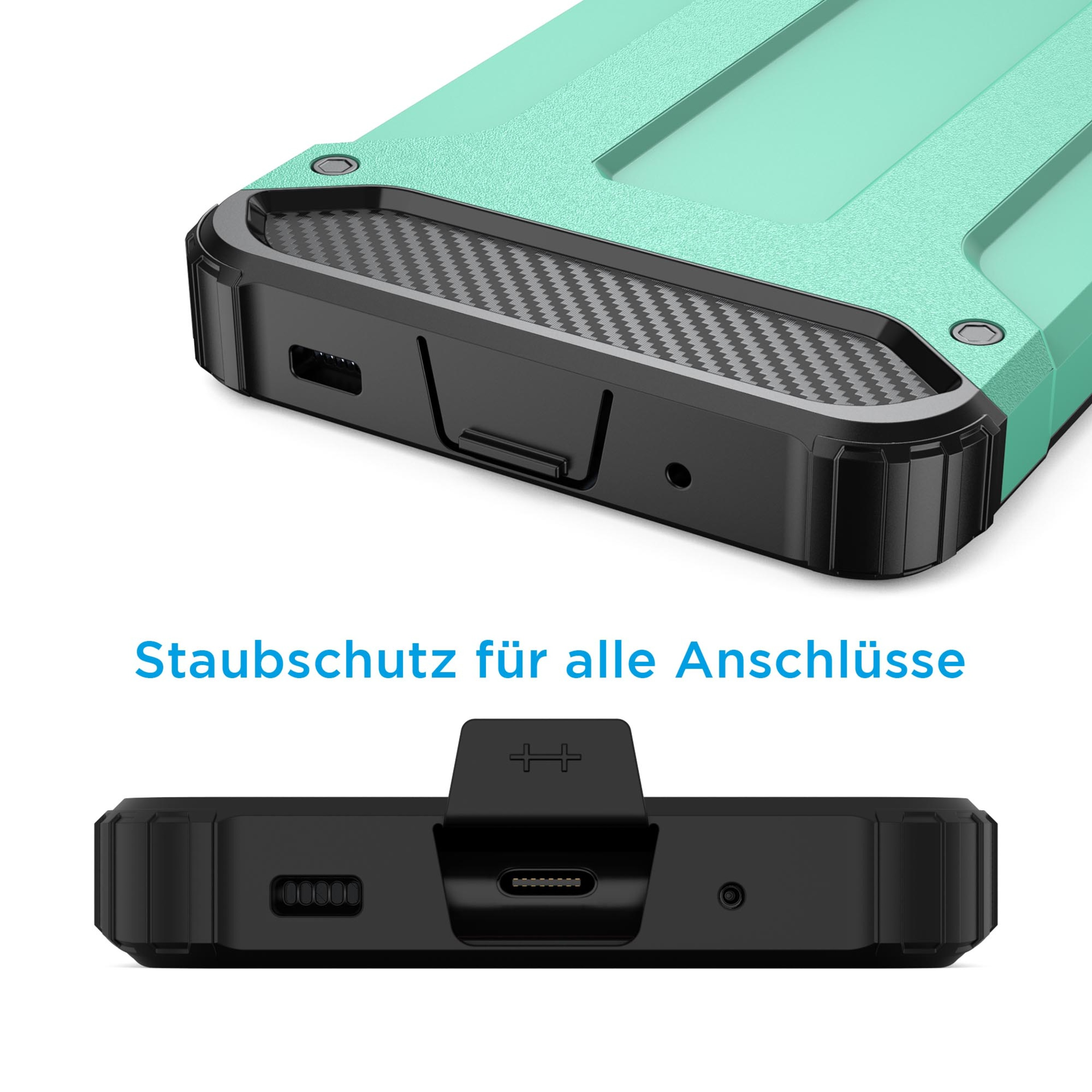 Nahaufnahme des unteren Teils einer Handyhülle, Ladeanschluss und Lautsprecher zeigend.