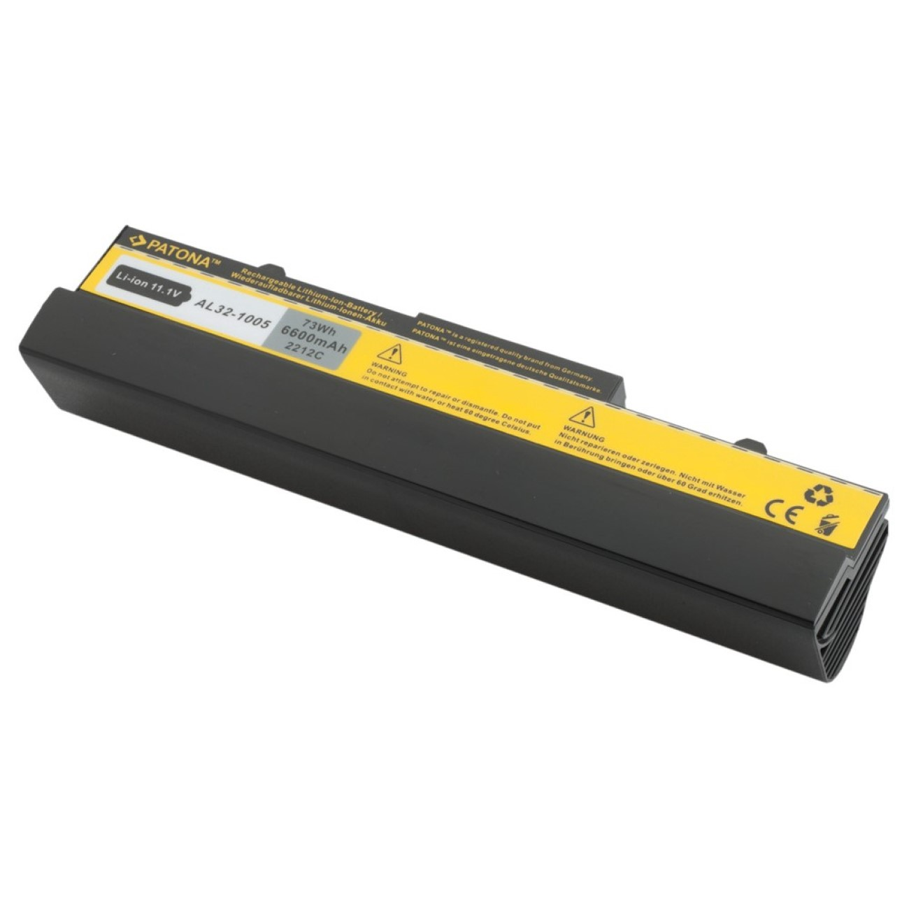 Schwarze und gelbe Laptop-Batterie mit Text und Warnhinweisen. Schwarzer Körper, gelbes Etikett.