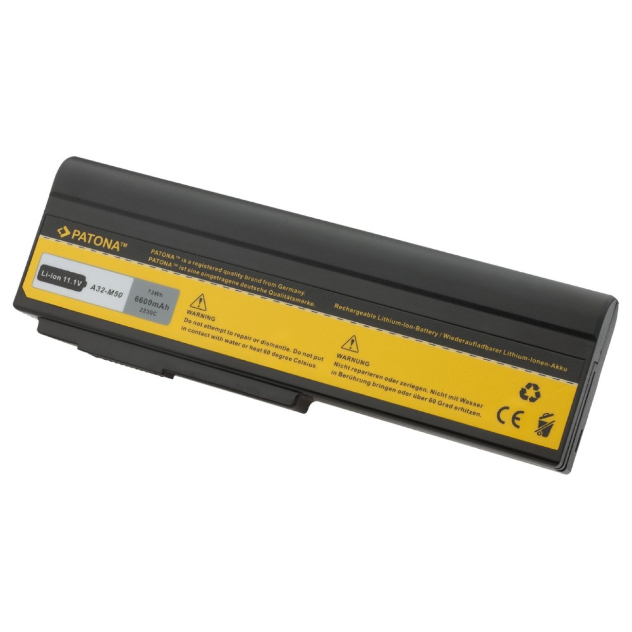 Schwarze und gelbe Laptopbatterie mit Warnhinweisen. Die Batterie befindet sich auf einer weißen Oberfläche.