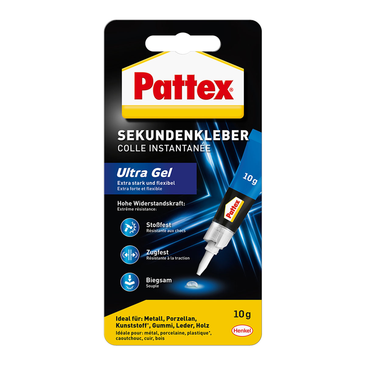 Pattex Ultra Gel Sekundenkleber-Packung. Die blau-weiße Packung zeigt Kleber und seine Eigenschaften.