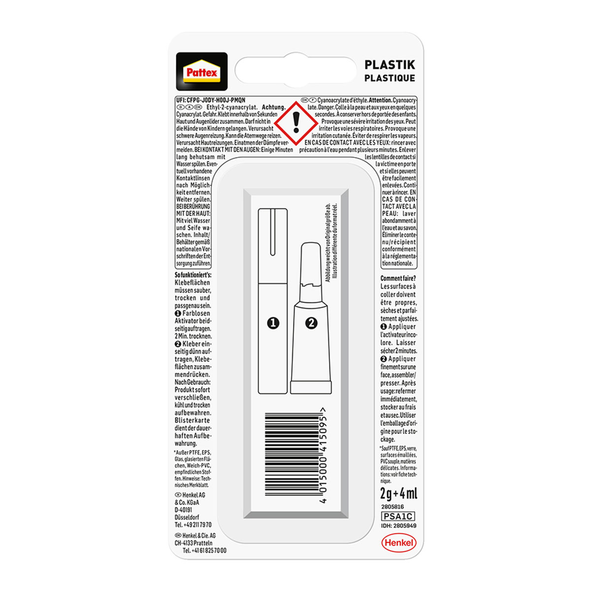 Verpackung eines Klebeprodukts. Die Verpackung enthält Text, Warnungen und Anweisungen.
