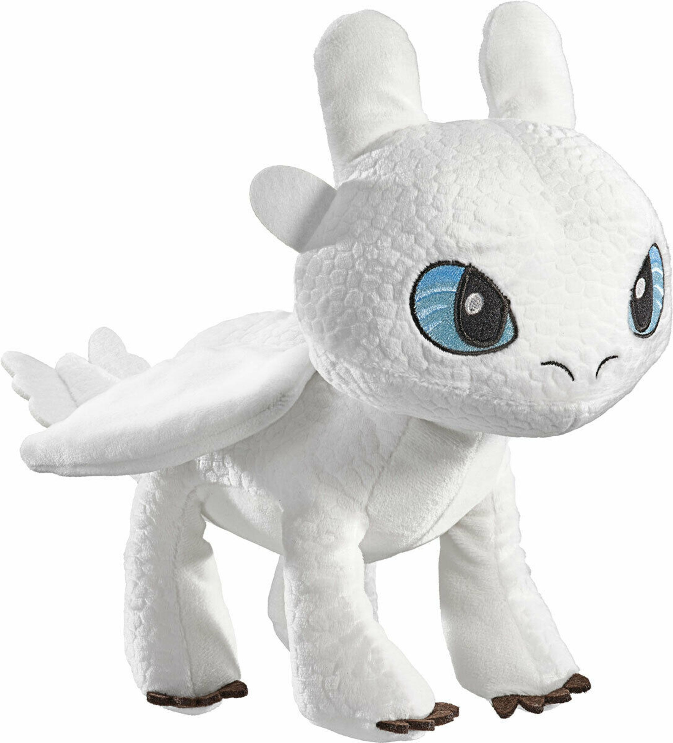 Biała pluszowa zabawka smoka z niebieskimi oczami, małymi skrzydłami i teksturowanym ciałem.