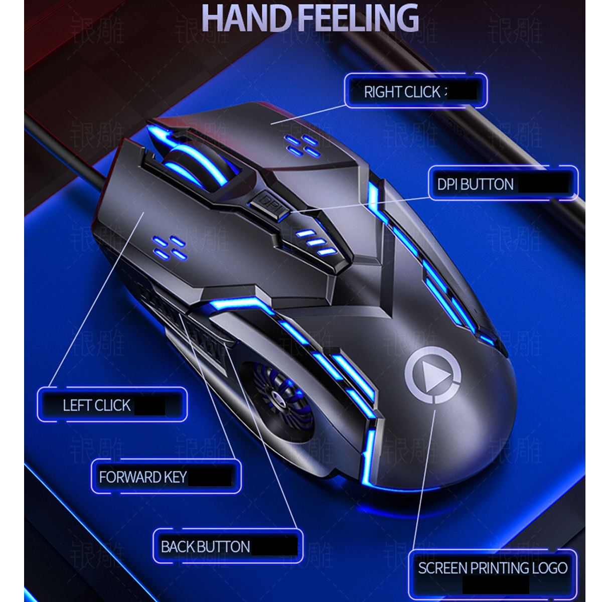Eine schwarze Gaming-Maus mit blauen Lichtern. Die Maus hat mehrere Tasten und befindet sich auf einer blauen Oberfläche.