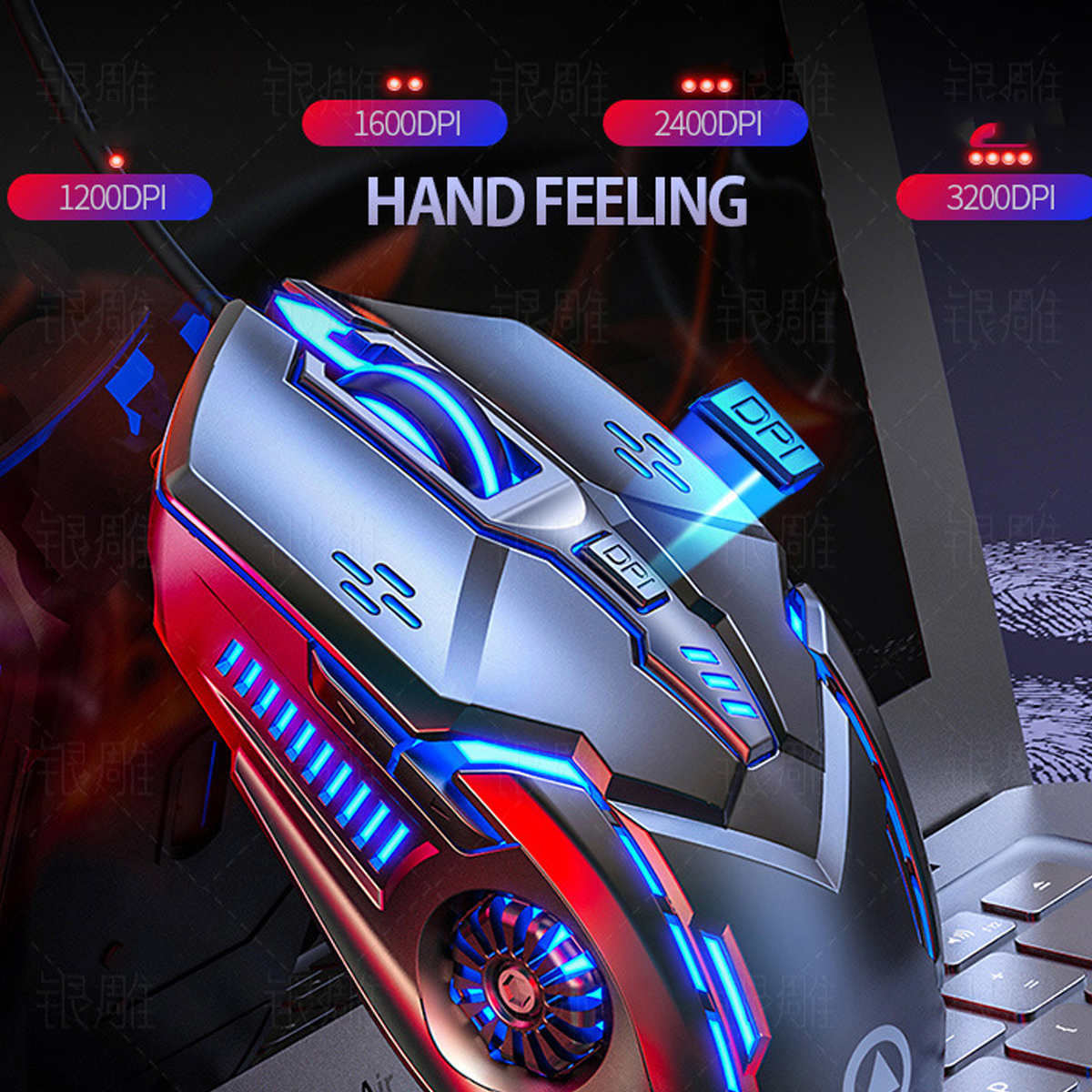 Gaming-Maus mit blauen und roten Lichtern. Mehrere DPI-Einstellungen werden angezeigt. Schwarz und Silber.