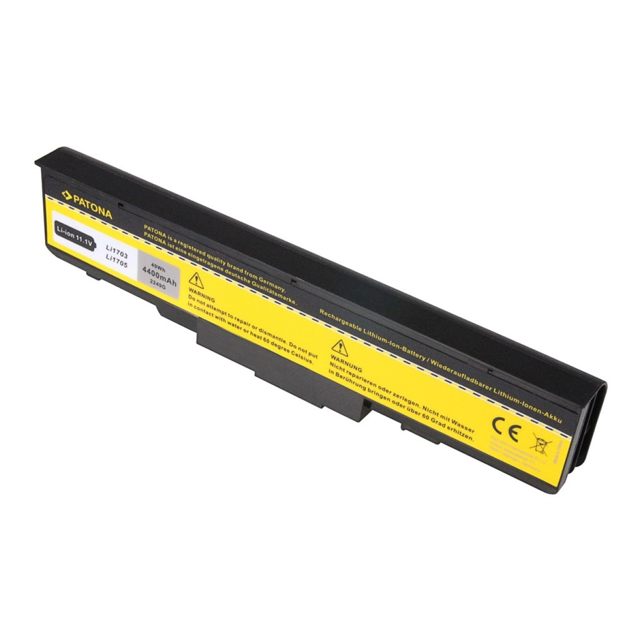 Schwarzer Laptop-Akku mit gelbem Etikett. Text: Patona, Li-Ion 11,1 V, Warnschilder, 4400 mAh. Weißer Hintergrund.