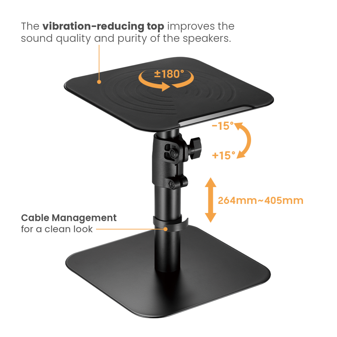 Black speaker stand, adjustable height, with text and arrows indicating adjustments.