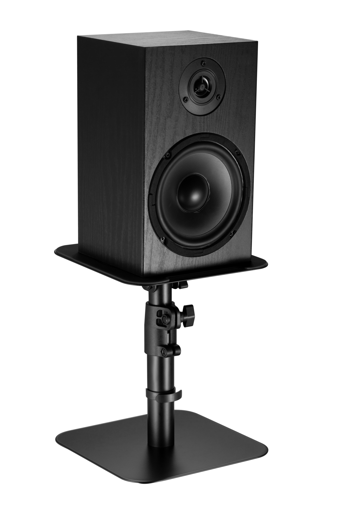 Black speaker on a black stand, angled view, white background.