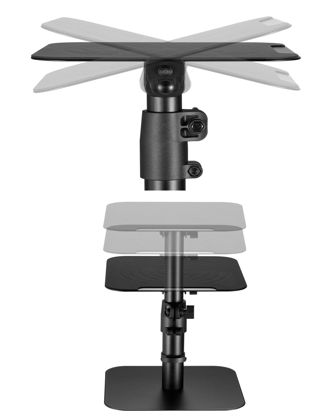 A black metal stand with adjustable platforms, on a white background.