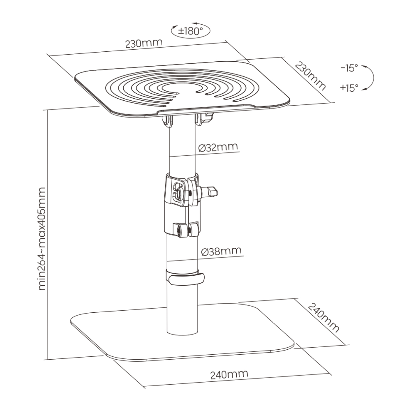 Diagram of a laptop stand with dimensions. Shows base, pole, and top plate.