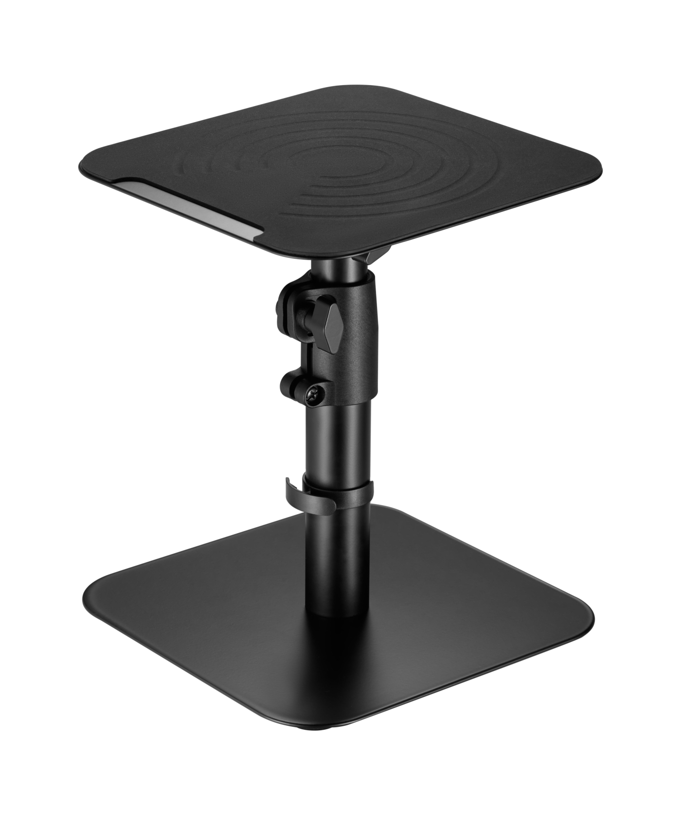 A black speaker stand with a square base and top, connected by an adjustable pole.