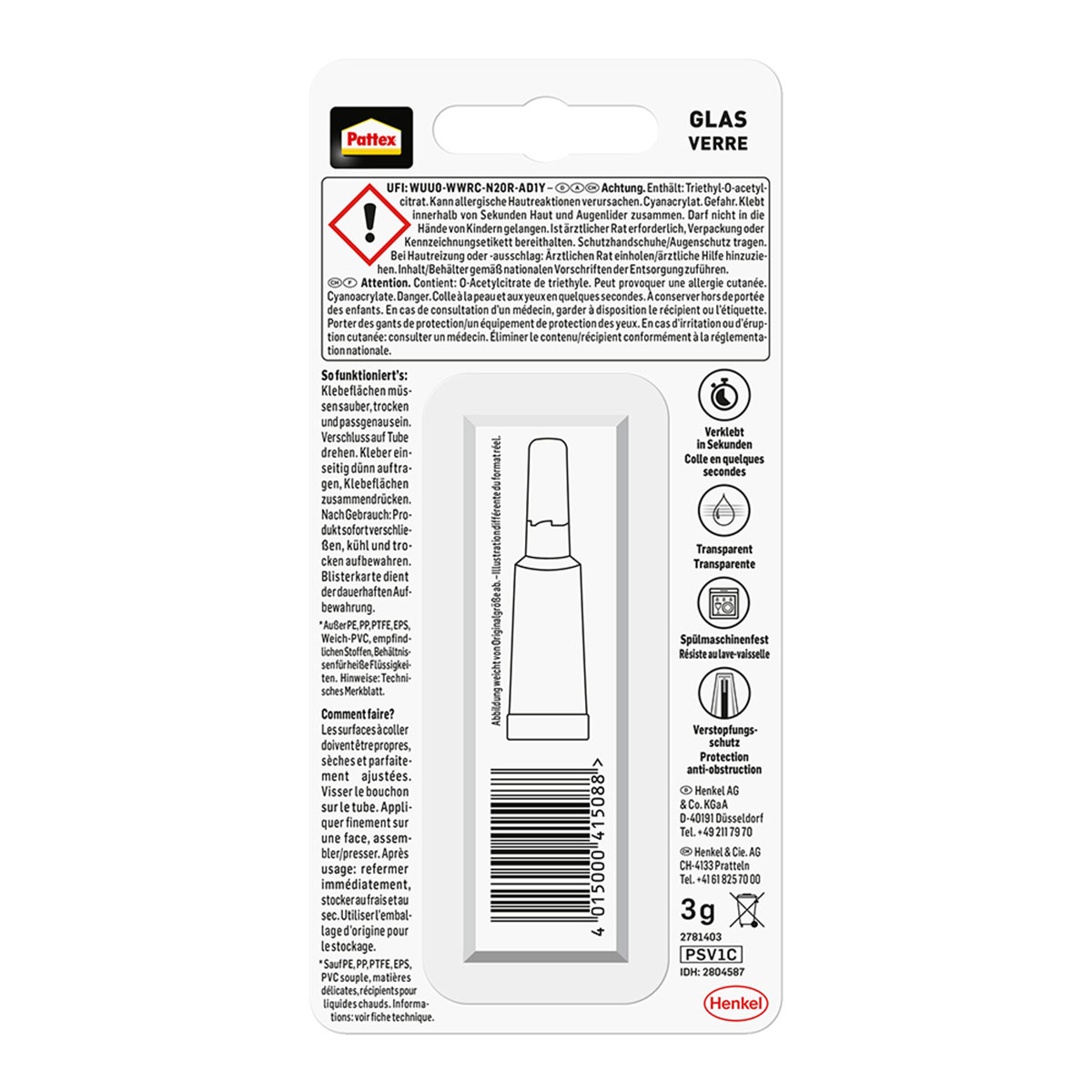 Produktetikett mit Details auf weißem Hintergrund. Text in mehreren Sprachen. Enthält einen Barcode und ein Logo.