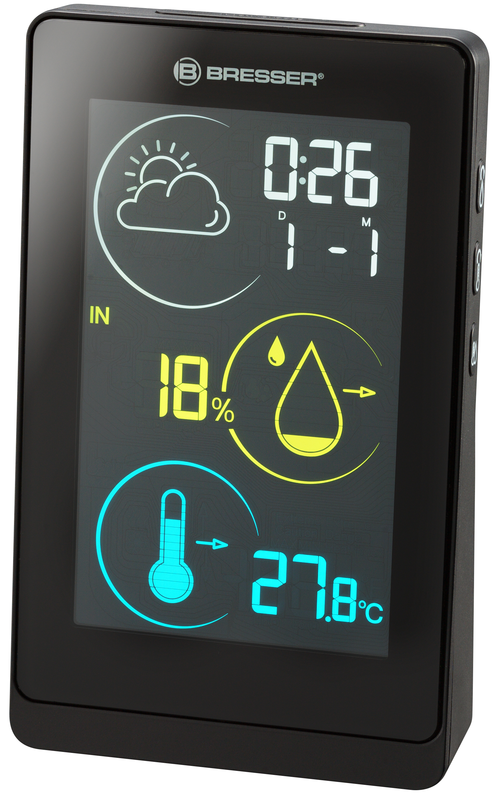 Schwarze Wetterstation mit Digitalanzeige, die Zeit, Wetter und Temperatur anzeigt.