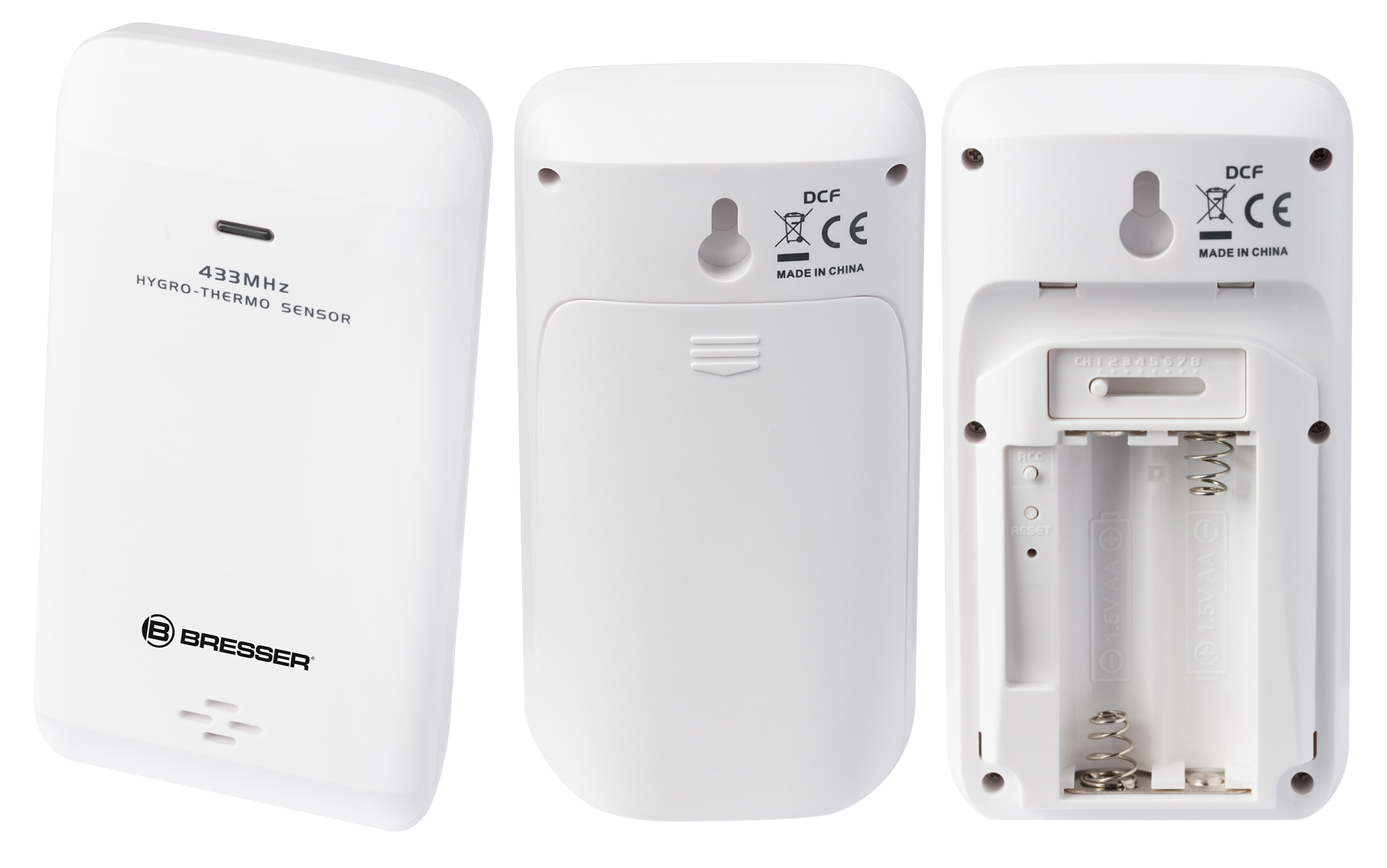 Drei Ansichten eines weißen Hygrometers, Vorder-, Rück- und Batteriefachdetails zeigend.