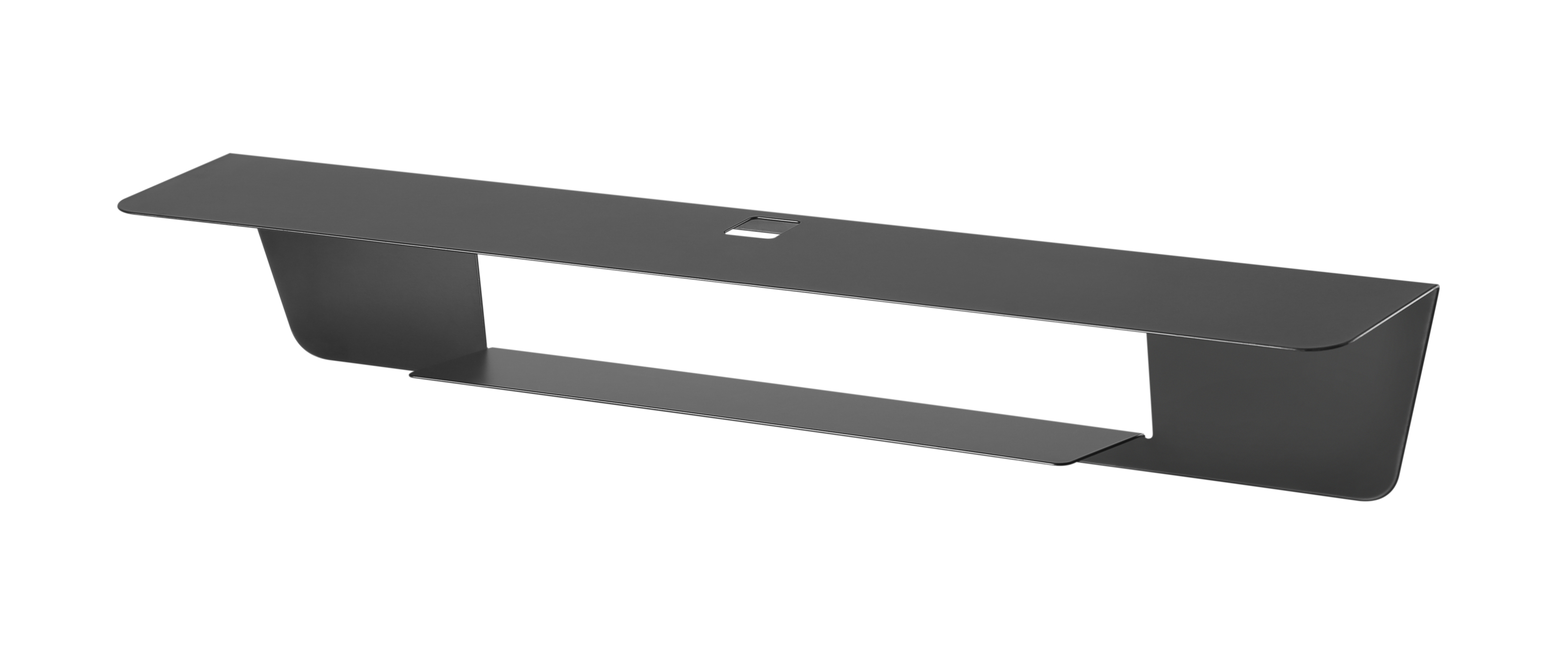 A black, wall-mounted, floating shelf with a rectangular cutout in the center.