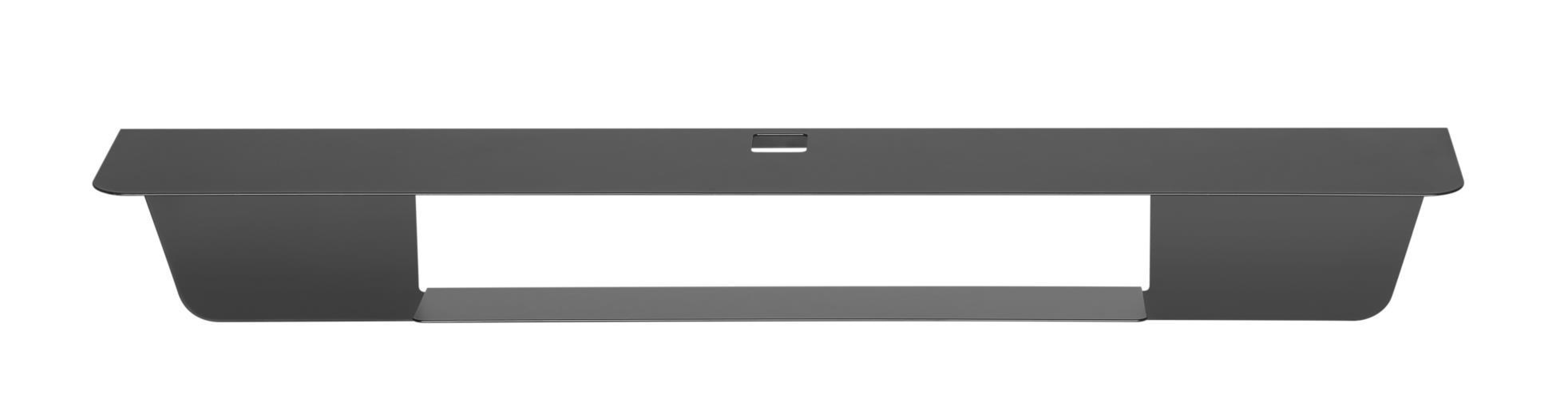 A metallic gray desk shelf with two side panels and a space in the middle.