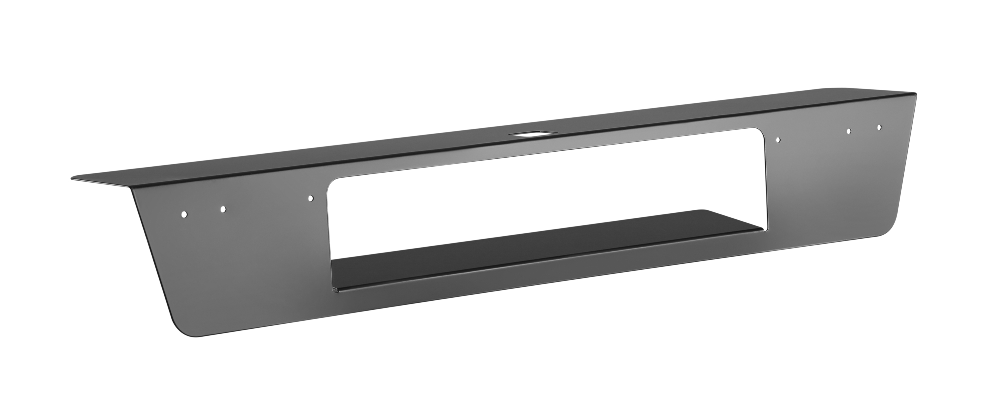 A black metal shelf with a cut-out section, a simple design.