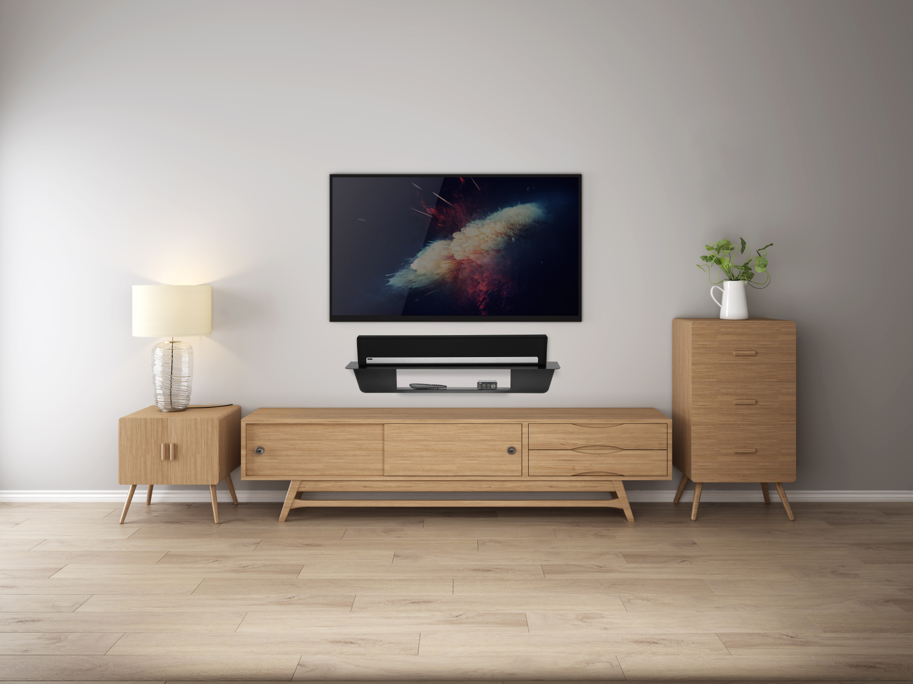 Living room with wooden furniture and a TV. Includes a lamp, cabinet, and a white wall.